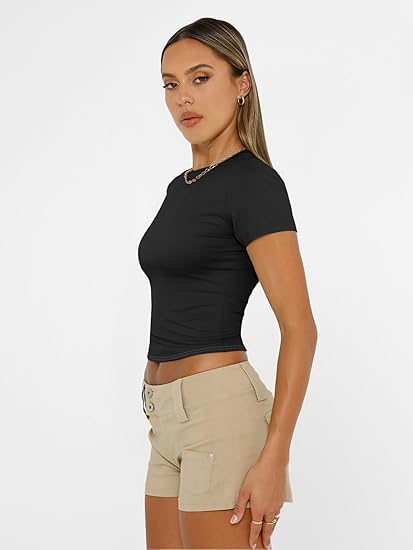 Trendy Queen Womens Basic T Shirts Summer Tops 2025 Short Sleeve Crop Tops Slim Fit Gym Workout Y2k Clothes