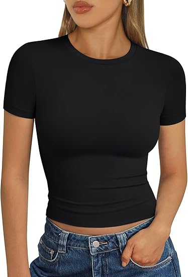 Trendy Queen Womens Basic T Shirts Summer Tops 2025 Short Sleeve Crop Tops Slim Fit Gym Workout Y2k Clothes