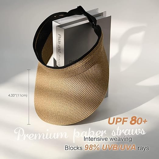 Womens Sun Visor Hat Straw Sun Visors for Women Summer Packable Ponytail Beach Hats for Women Travel UPF 80+