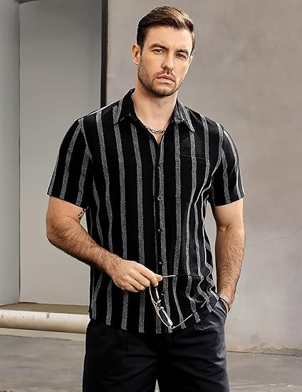 Mens Summer Striped Shirts Button Down Short Sleeve Vintage Beach Hawaiian Shirts with Pocket