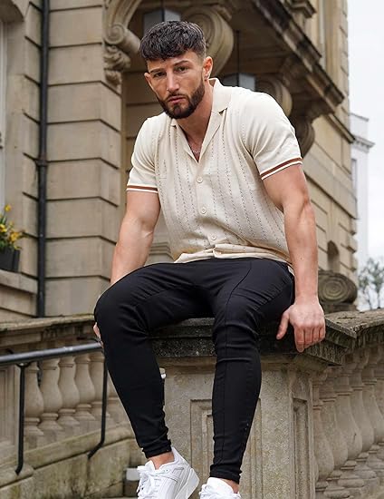 Men's Short Sleeve Knit Shirt Casual Button Down Shirt Vintage Striped Knitted Golf Beach Tops