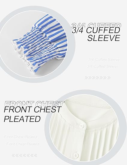 AKEWEI Womens 3/4 Sleeves Button Down Shirts Pleated Chiffon Blouses Business Casual Tops Work Office Tshirt