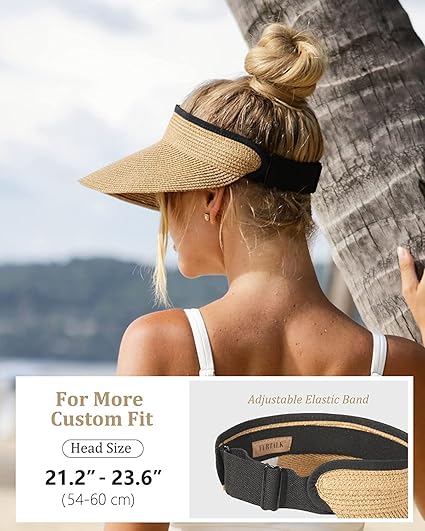 Womens Sun Visor Hat Straw Sun Visors for Women Summer Packable Ponytail Beach Hats for Women Travel UPF 80+