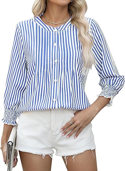 AKEWEI Womens 3/4 Sleeves Button Down Shirts Pleated Chiffon Blouses Business Casual Tops Work Office Tshirt
