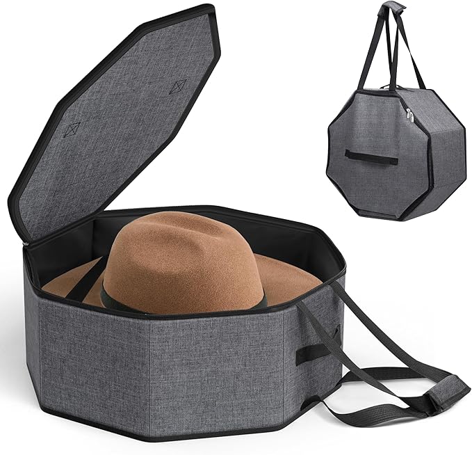 Large Hat Box for Women Storage, Collapsible Cowboy Hat Travel Case with Handles for Men Carry and Wide Brims Cap Organizer for Closet, Gray