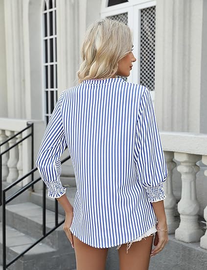 AKEWEI Womens 3/4 Sleeves Button Down Shirts Pleated Chiffon Blouses Business Casual Tops Work Office Tshirt