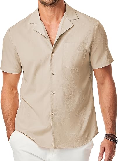 Men's Casual Button Down Shirts Short Sleeve Textured Summer Beach Shirt Cuban Vacation Shirts with Pocket
