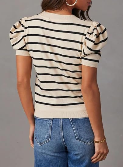 Women's Short Puff Sleeve Knit Tops 2025 Trendy Crewneck Striped T Shirts Casual Summer Blouses