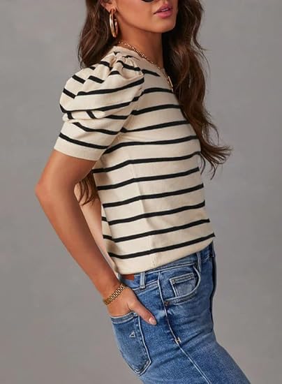 Women's Short Puff Sleeve Knit Tops 2025 Trendy Crewneck Striped T Shirts Casual Summer Blouses