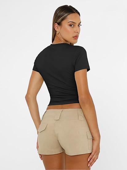Trendy Queen Womens Basic T Shirts Summer Tops 2025 Short Sleeve Crop Tops Slim Fit Gym Workout Y2k Clothes