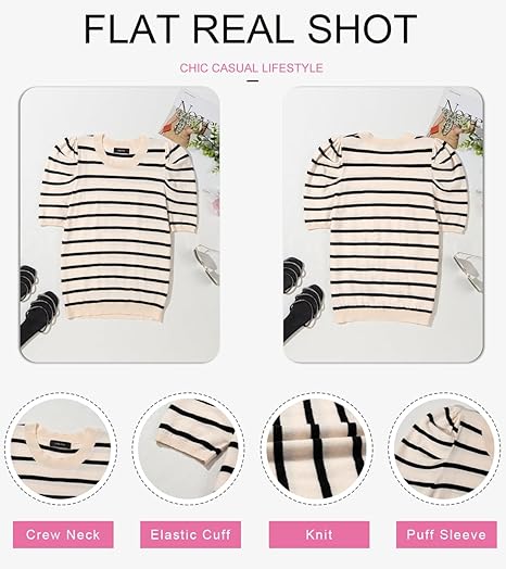 Women's Short Puff Sleeve Knit Tops 2025 Trendy Crewneck Striped T Shirts Casual Summer Blouses
