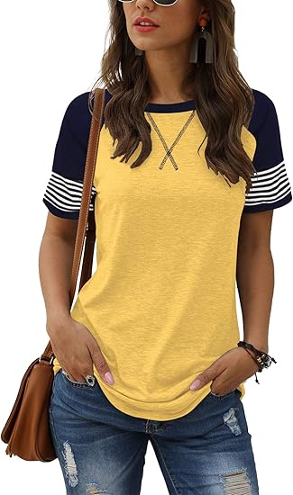 Women Summer Casual Shirts: Short Sleeve Striped Tunic Tops - Womens Crew Neck Tee Tshirt Blouses