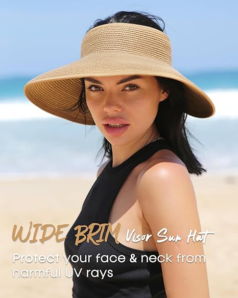 Sun Hats for Women Wide Brim Beach Hat Straw Visor Ponytail Summer UV Packable Foldable Beach Vacation Essentials