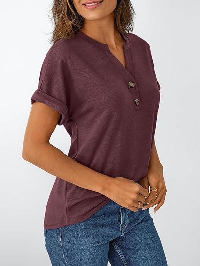 Women's Short Sleeve Shirts Henley Dressy Casual Summer Tops 2025 Trendy Blouses Cute T-Shirts Outfits Clothes
