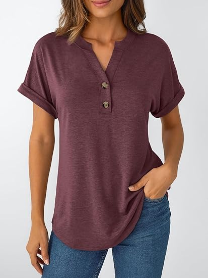 Women's Short Sleeve Shirts Henley Dressy Casual Summer Tops 2025 Trendy Blouses Cute T-Shirts Outfits Clothes