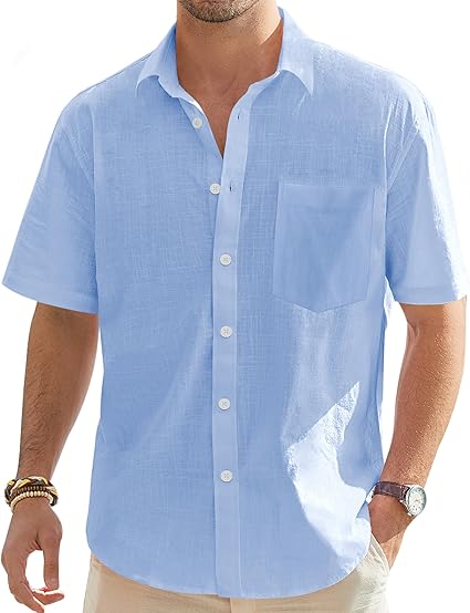 Men's Cotton Linen Short Sleeve Shirts Casual Lightweight Button Down Shirts Vacation Beach Summer Tops with Pocket