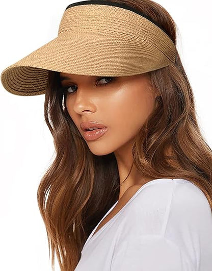 Womens Sun Visor Hat Straw Sun Visors for Women Summer Packable Ponytail Beach Hats for Women Travel UPF 80+