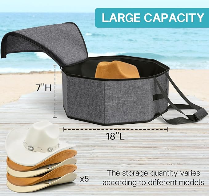 Large Hat Box for Women Storage, Collapsible Cowboy Hat Travel Case with Handles for Men Carry and Wide Brims Cap Organizer for Closet, Gray