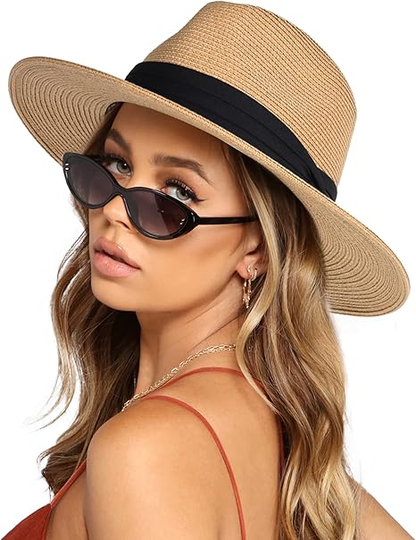 Womens Mens Wide Brim Straw Panama Hat Summer Beach Sun Hats UPF Straw Hat for Women