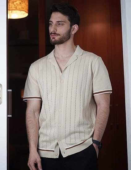 Men's Short Sleeve Knit Shirt Casual Button Down Shirt Vintage Striped Knitted Golf Beach Tops
