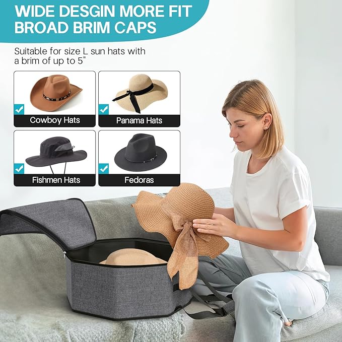 Large Hat Box for Women Storage, Collapsible Cowboy Hat Travel Case with Handles for Men Carry and Wide Brims Cap Organizer for Closet, Gray