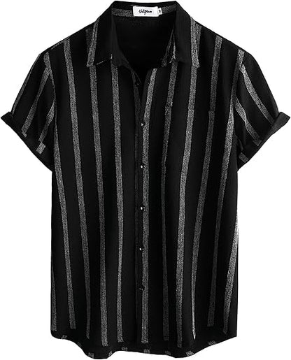 Mens Summer Striped Shirts Button Down Short Sleeve Vintage Beach Hawaiian Shirts with Pocket