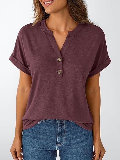 Women's Short Sleeve Shirts Henley Dressy Casual Summer Tops 2025 Trendy Blouses Cute T-Shirts Outfits Clothes