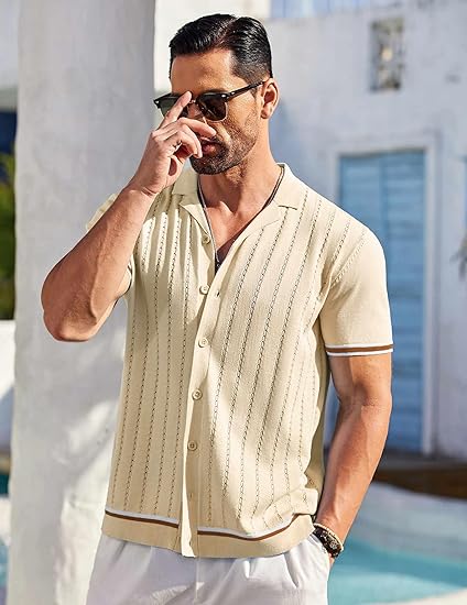Men's Short Sleeve Knit Shirt Casual Button Down Shirt Vintage Striped Knitted Golf Beach Tops