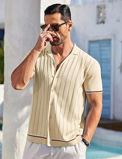 Men's Short Sleeve Knit Shirt Casual Button Down Shirt Vintage Striped Knitted Golf Beach Tops