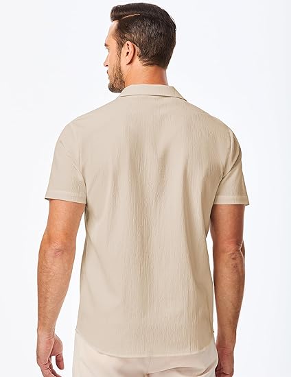 Men's Casual Button Down Shirts Short Sleeve Textured Summer Beach Shirt Cuban Vacation Shirts with Pocket