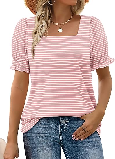WIHOLL Tops for Women Summer Casual Ruffle Trim Sleeve Square Neck T Shirts