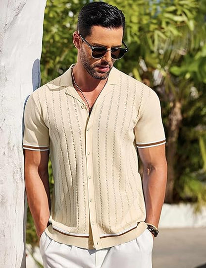 Men's Short Sleeve Knit Shirt Casual Button Down Shirt Vintage Striped Knitted Golf Beach Tops