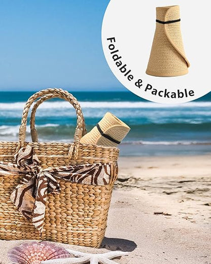 Sun Hats for Women Wide Brim Beach Hat Straw Visor Ponytail Summer UV Packable Foldable Beach Vacation Essentials