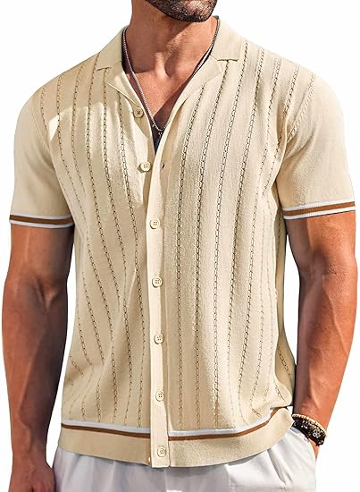 Men's Short Sleeve Knit Shirt Casual Button Down Shirt Vintage Striped Knitted Golf Beach Tops