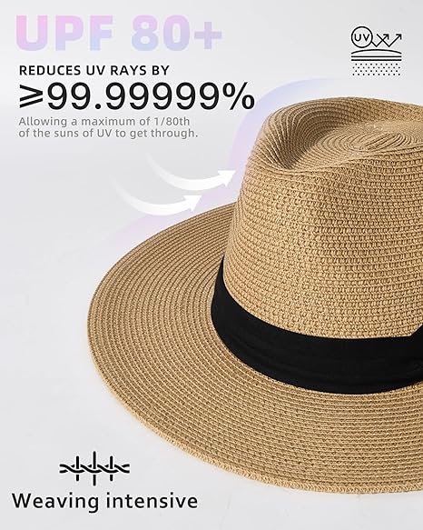 Womens Mens Wide Brim Straw Panama Hat Summer Beach Sun Hats UPF Straw Hat for Women