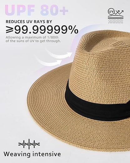 Womens Mens Wide Brim Straw Panama Hat Summer Beach Sun Hats UPF Straw Hat for Women
