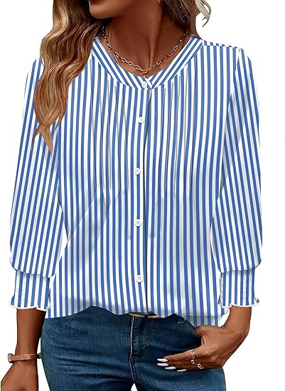 AKEWEI Womens 3/4 Sleeves Button Down Shirts Pleated Chiffon Blouses Business Casual Tops Work Office Tshirt