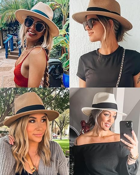 Womens Mens Wide Brim Straw Panama Hat Summer Beach Sun Hats UPF Straw Hat for Women