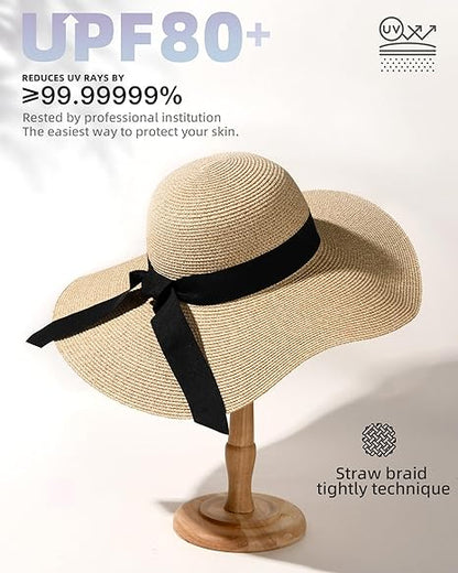 Womens Sun Straw Hat Wide Brim UPF 80 Summer Hat Foldable Packable Floppy Beach Hats for Women