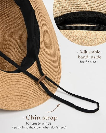 Womens Mens Wide Brim Straw Panama Hat Summer Beach Sun Hats UPF Straw Hat for Women