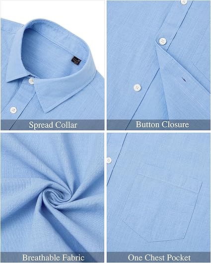 Men's Cotton Linen Short Sleeve Shirts Casual Lightweight Button Down Shirts Vacation Beach Summer Tops with Pocket